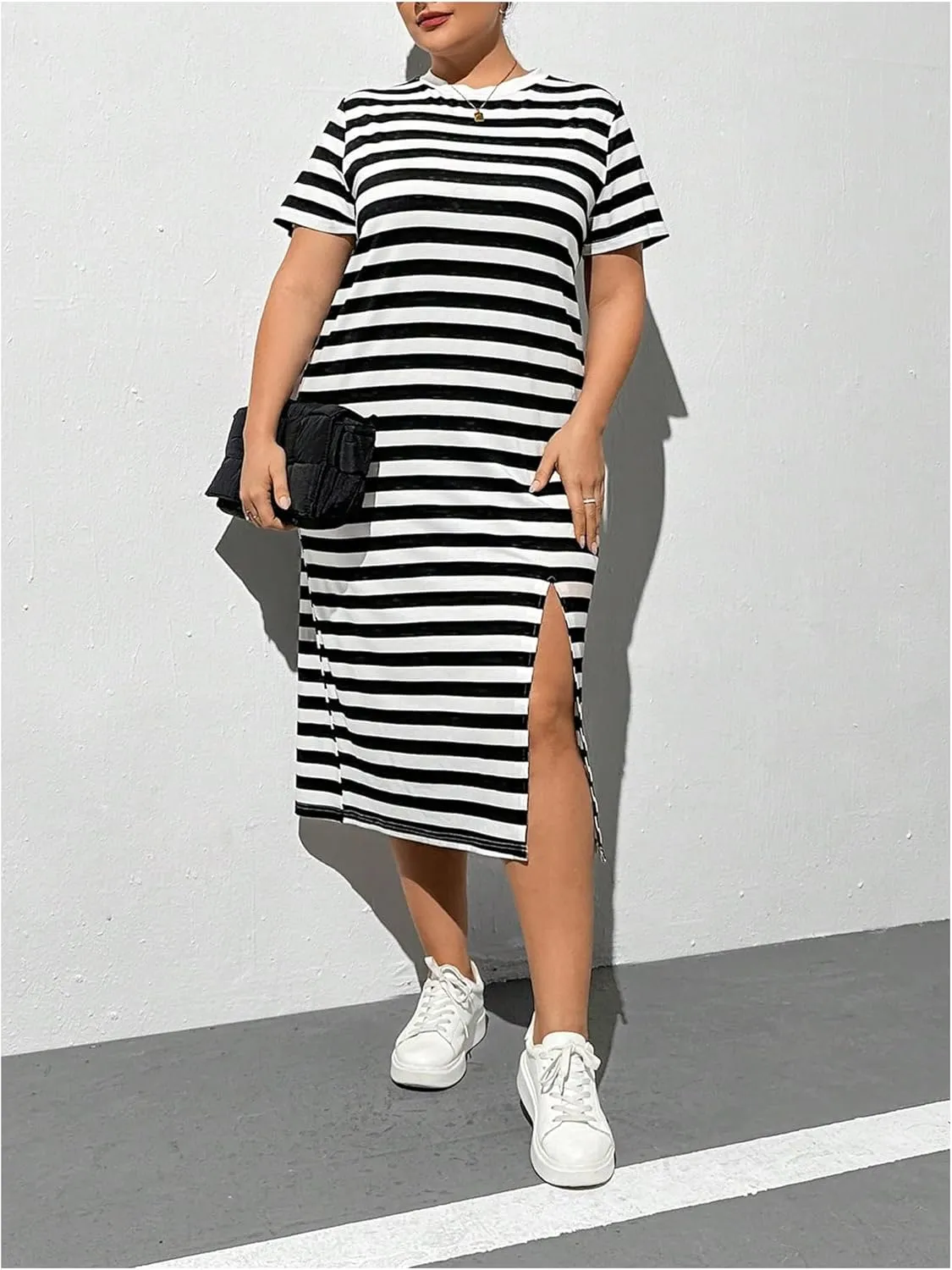 Floerns Women's Plus Size Striped Print Midi Dress Short Sleeve Round Neck Split Tee Shirts Dress