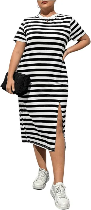 Floerns Women's Plus Size Striped Print Midi Dress Short Sleeve Round Neck Split Tee Shirts Dress