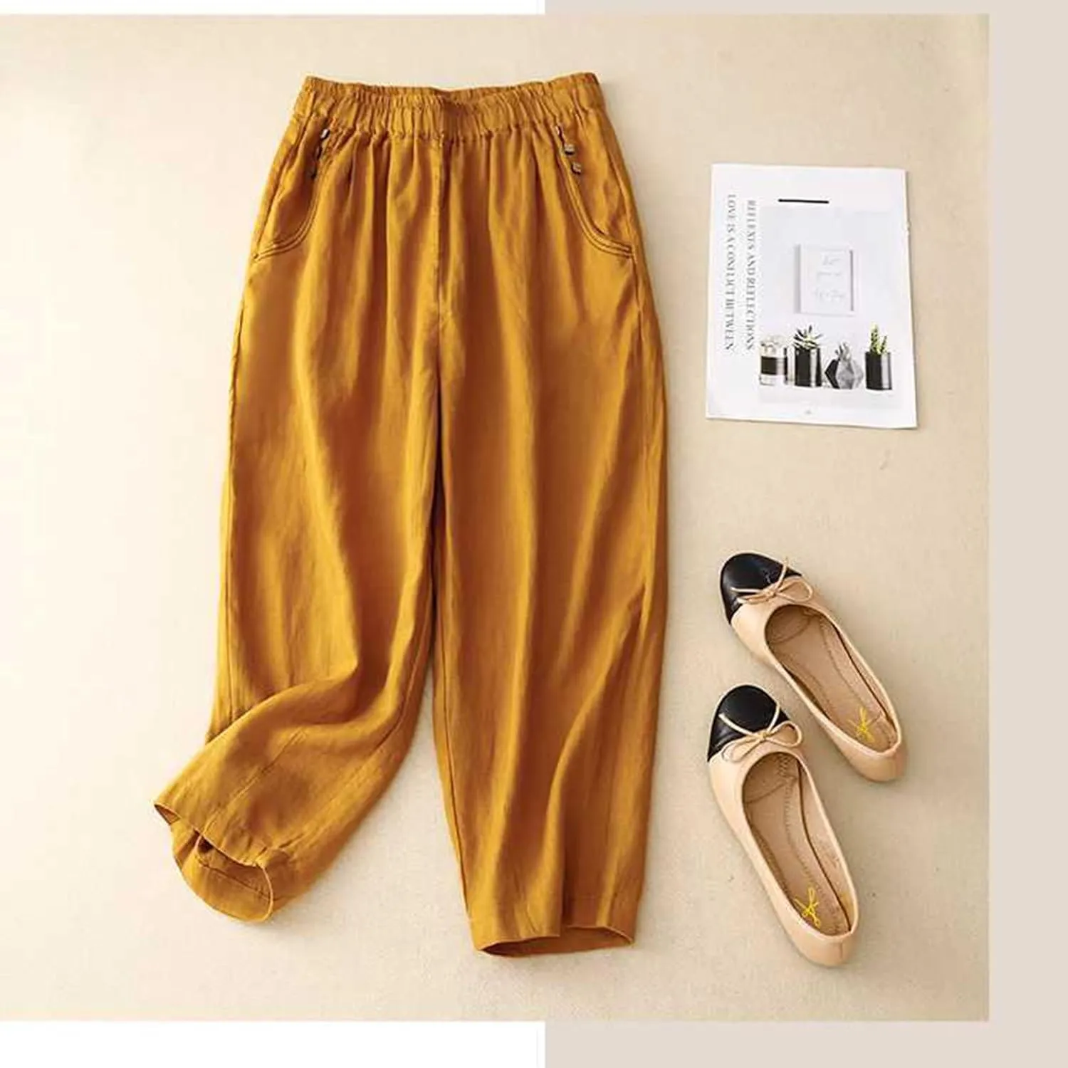Flowy Pants for Women Summer Fashion Sagging High Waisted Elastic Pant Casual Loose Fit Slim Trousers with Pockets