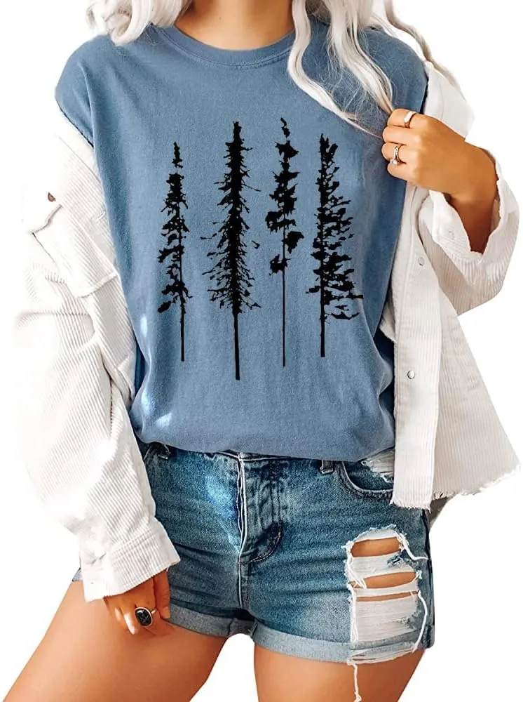 Funny Graphic Women Skinny Pine Tree Shirt Summer Hiking Camping Athletic Tees Nature Casual Comfy Clothes