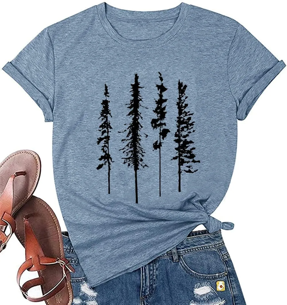 Funny Graphic Women Skinny Pine Tree Shirt Summer Hiking Camping Athletic Tees Nature Casual Comfy Clothes