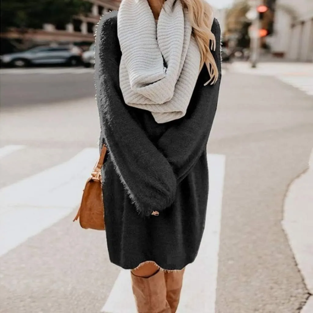 Fuzzy Pullover Sweater Dress for Women Long Sleeve Chunky Oversized Knit Sweater Dress