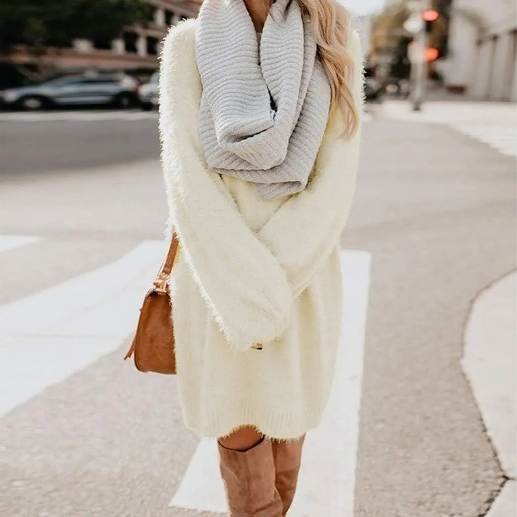 Fuzzy Pullover Sweater Dress for Women Long Sleeve Chunky Oversized Knit Sweater Dress