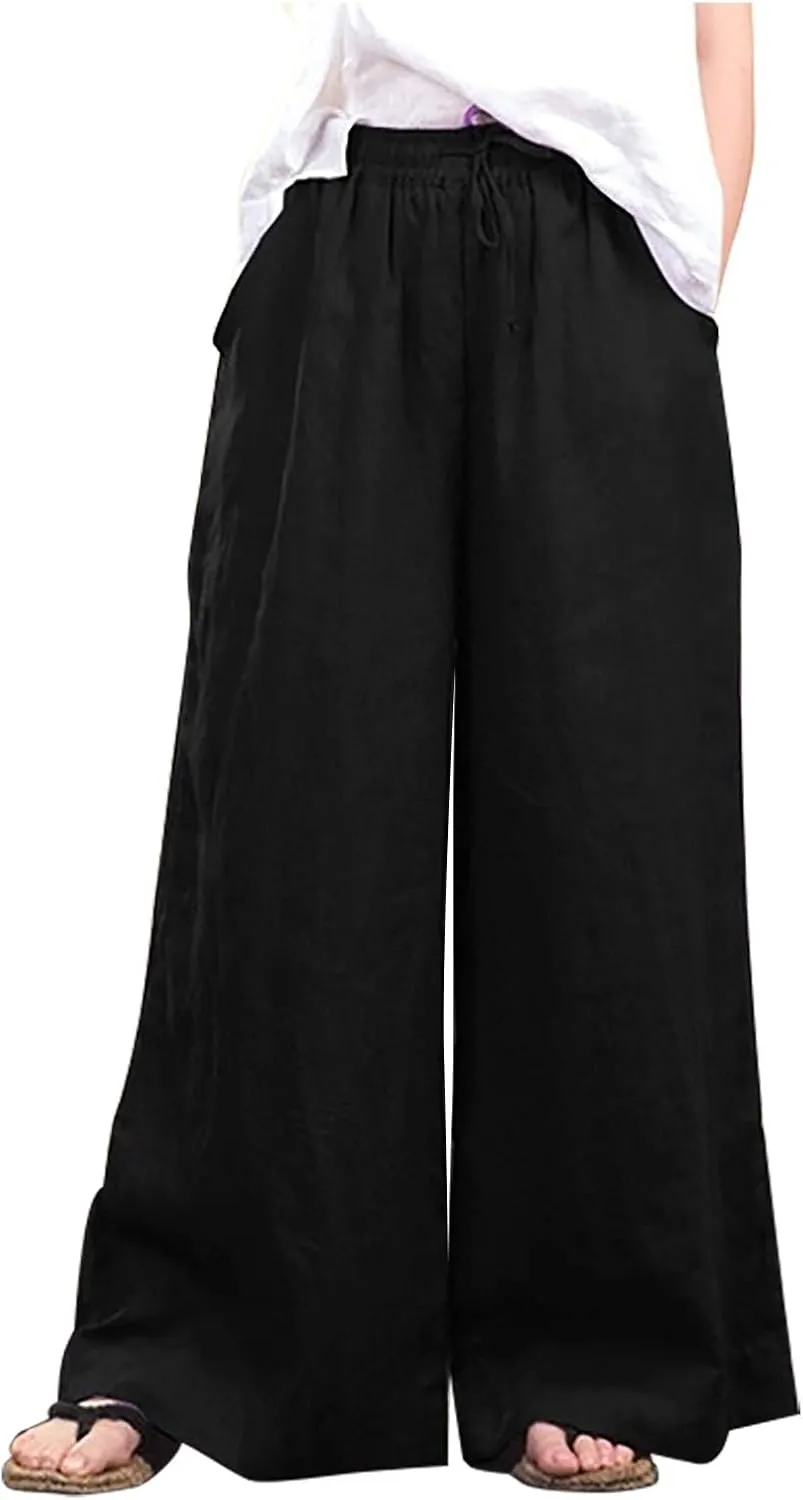 FZYLQY Cotton Linen Pants for Women 2025 Wide Leg Trousers Loose Fit Elastic Waist Casual Summer Lounge Palazzo Pants