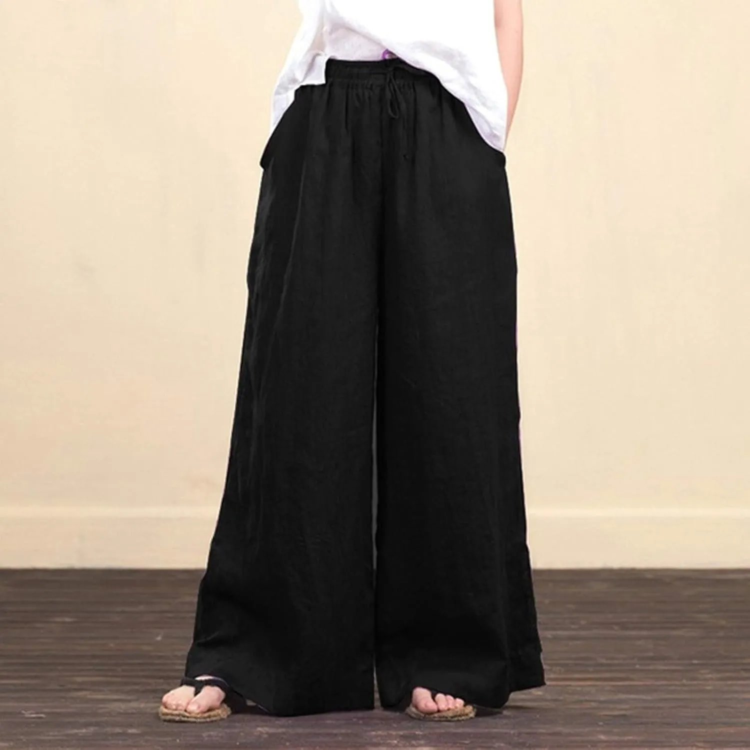 FZYLQY Cotton Linen Pants for Women 2025 Wide Leg Trousers Loose Fit Elastic Waist Casual Summer Lounge Palazzo Pants