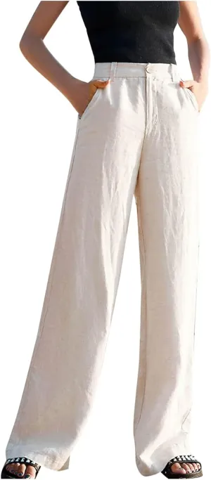 FZYLQY High-Waisted Linen Pants for Women with Pockets Wide Leg Trousers for Summer Casual Loose Fit Bottoms