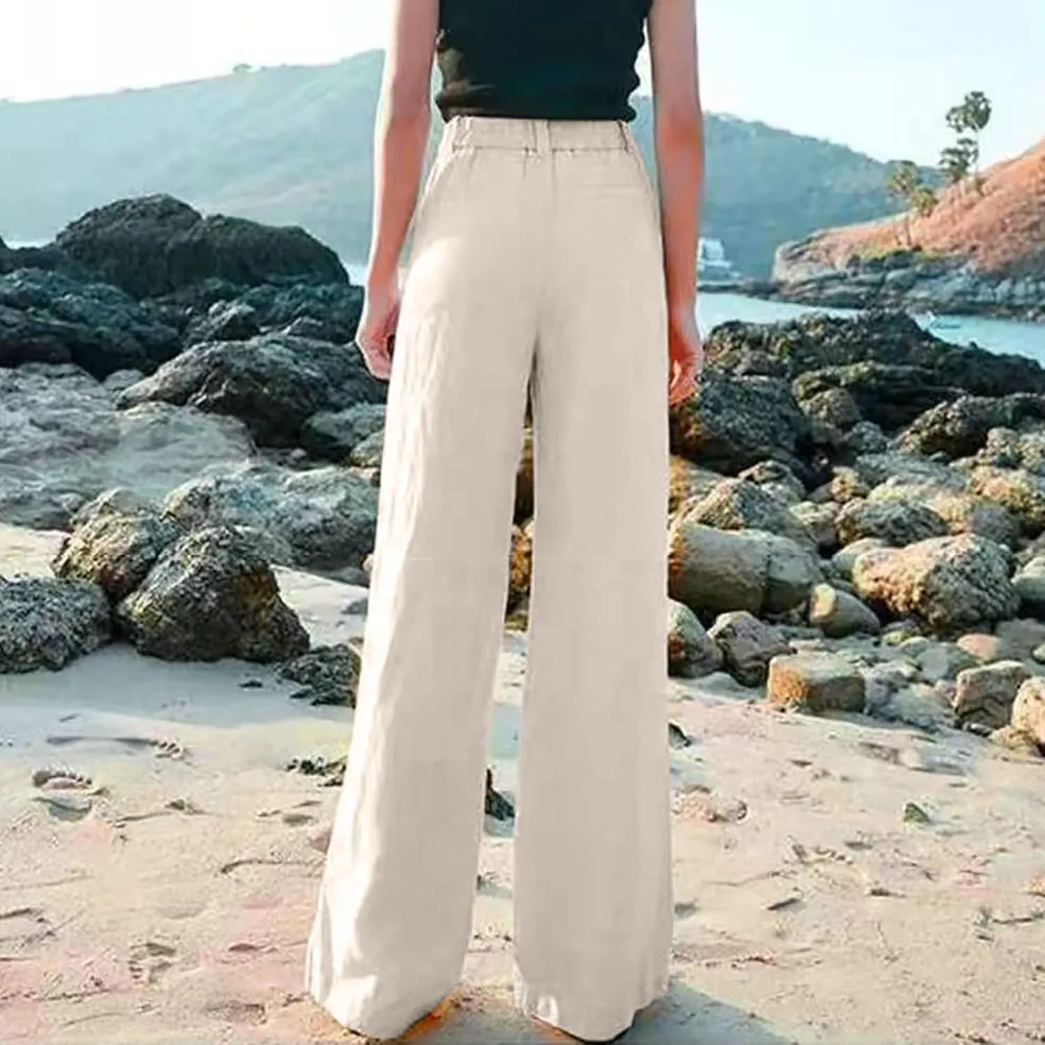 FZYLQY High-Waisted Linen Pants for Women with Pockets Wide Leg Trousers for Summer Casual Loose Fit Bottoms