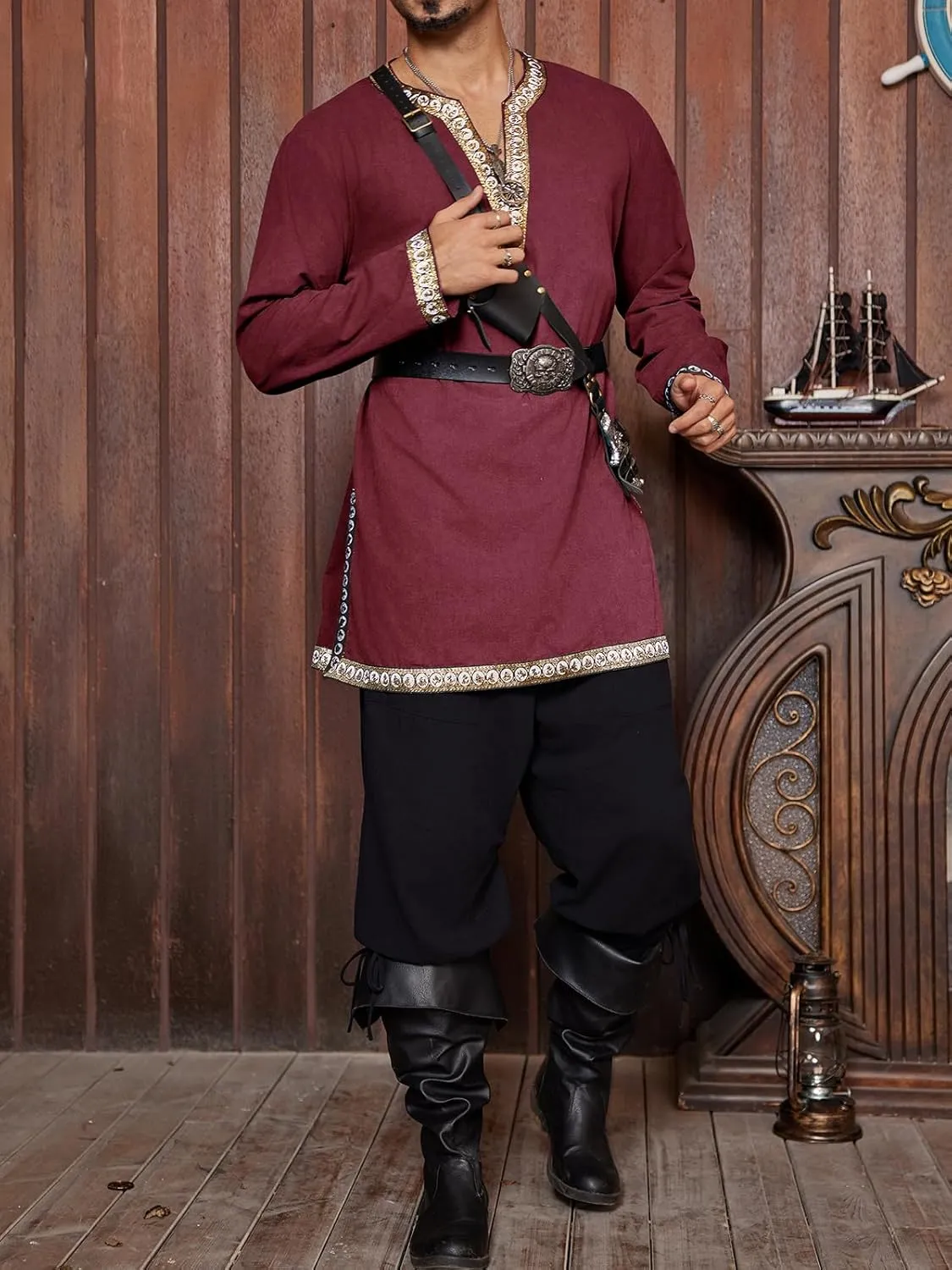 Gafeng Mens Medieval Costume Renaissance Pirate Halloween Viking Tunic Knight Cosplay Warrior LARP Shirts