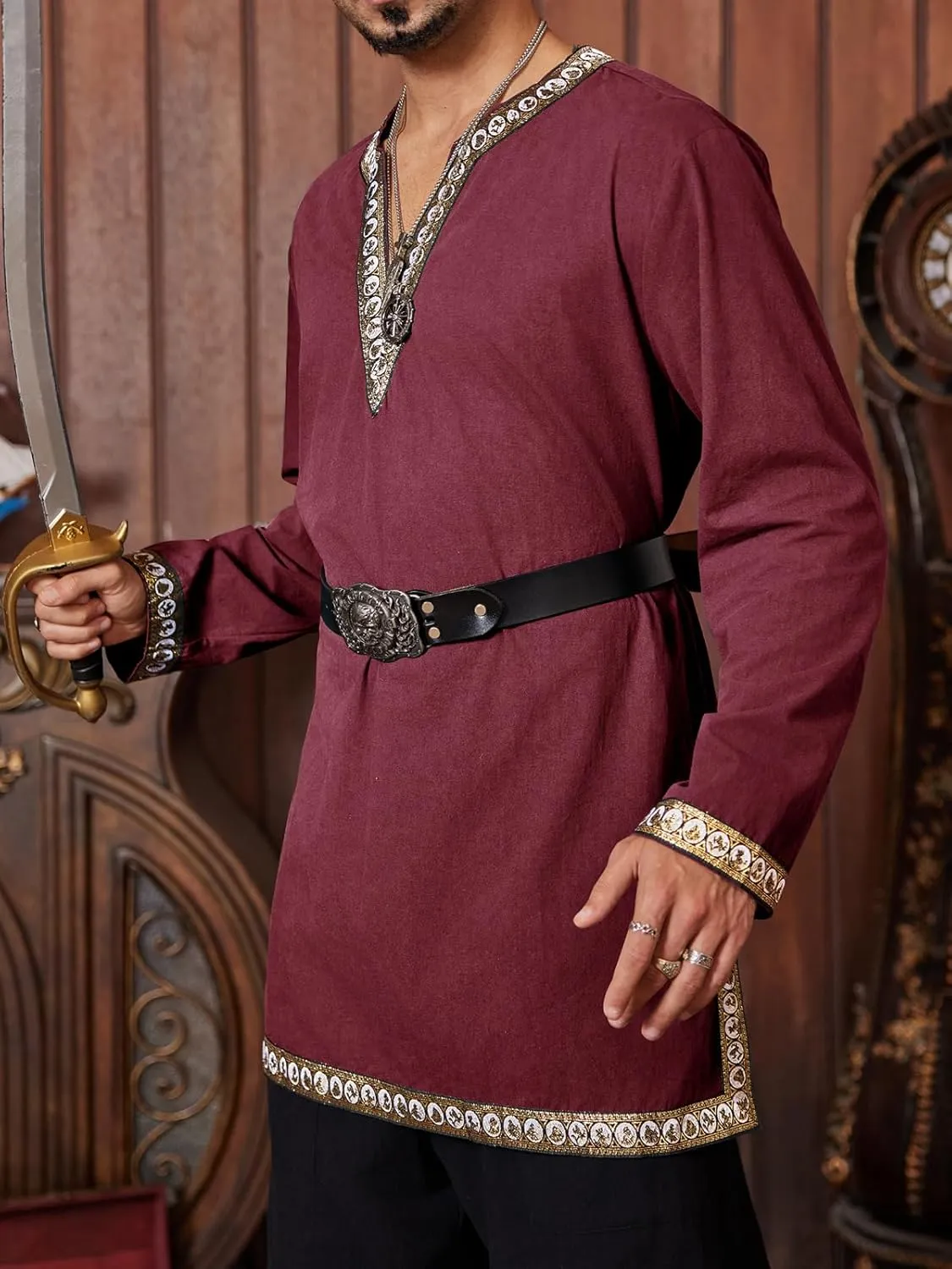 Gafeng Mens Medieval Costume Renaissance Pirate Halloween Viking Tunic Knight Cosplay Warrior LARP Shirts