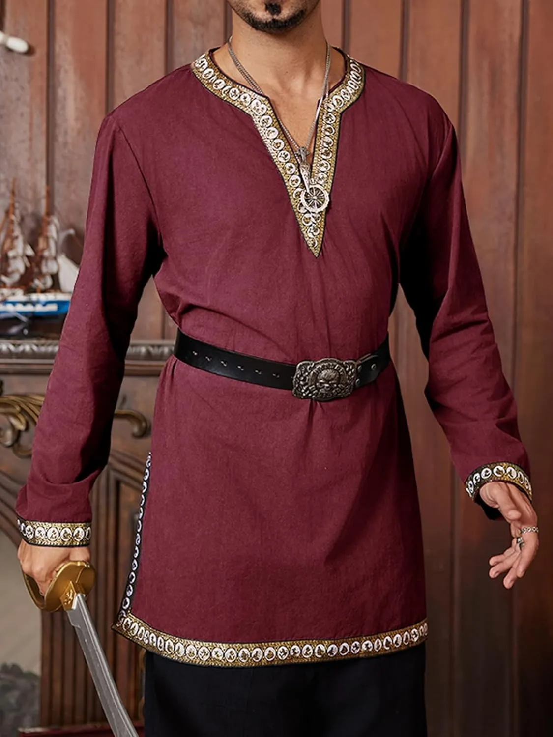 Gafeng Mens Medieval Costume Renaissance Pirate Halloween Viking Tunic Knight Cosplay Warrior LARP Shirts