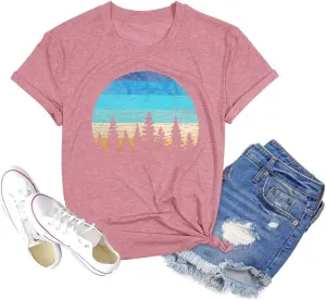 GEMLON Sunset Pine Tree Tshirt Women Camping Tshirt Retro Sun Print Graphic Tee Casual Short Sleeve Top