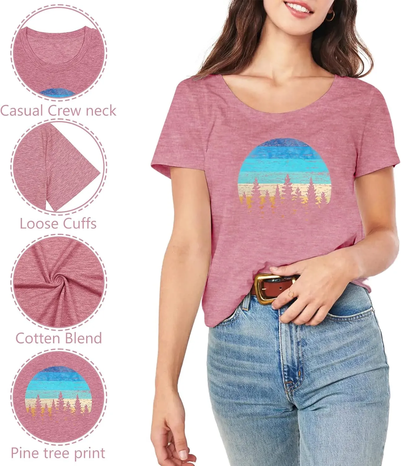 GEMLON Sunset Pine Tree Tshirt Women Camping Tshirt Retro Sun Print Graphic Tee Casual Short Sleeve Top