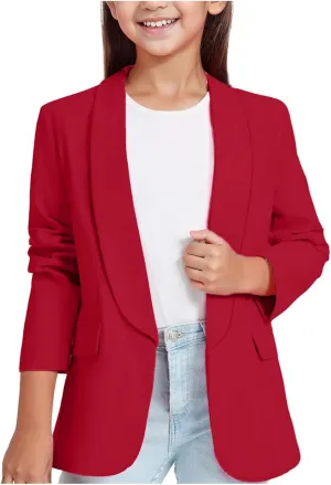 Girls Blazer Long Sleeve Shawl Collar Formal Blazers Suit Jacket Open Front Inner Pocket for Kids Size 3-14 Year