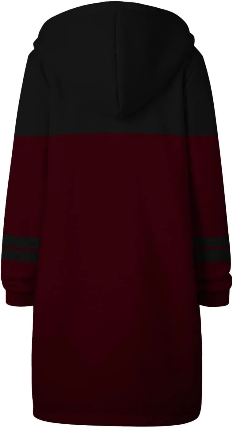 GOFULY Hooded For Women Full Zip Knee Length Tunic Sweatshirt Dresses Fleece Fall Jackets Long Sleeve Solid Clothes Pockets