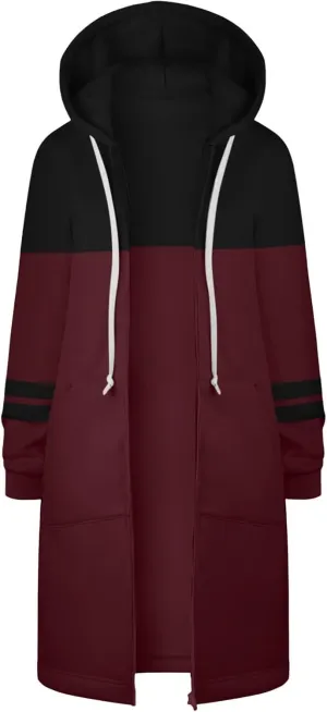 GOFULY Hooded For Women Full Zip Knee Length Tunic Sweatshirt Dresses Fleece Fall Jackets Long Sleeve Solid Clothes Pockets