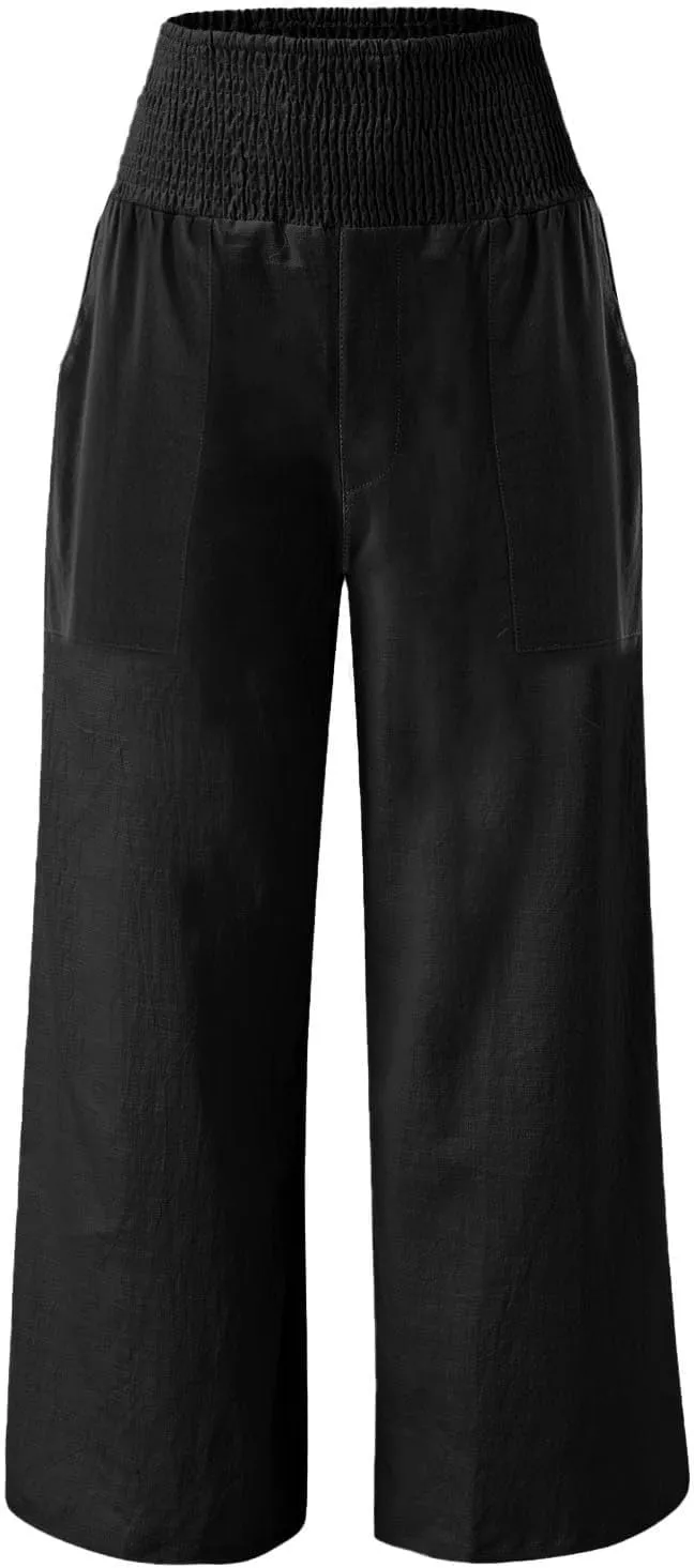 GOFULY Summer Linen Pants Women Wide Leg Cute High Rise Palazzo Pants Elastic Waist 2025 Beach Comfy Solid Clothes Pocket
