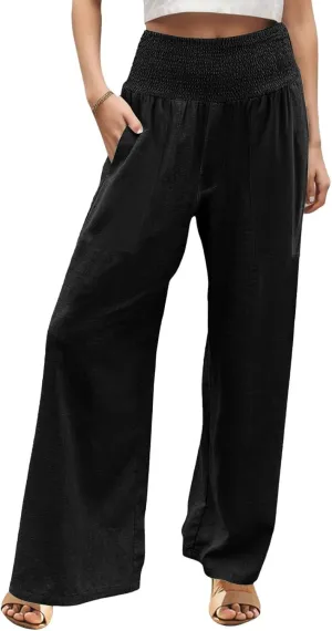 GOFULY Summer Linen Pants Women Wide Leg Cute High Rise Palazzo Pants Elastic Waist 2025 Beach Comfy Solid Clothes Pocket