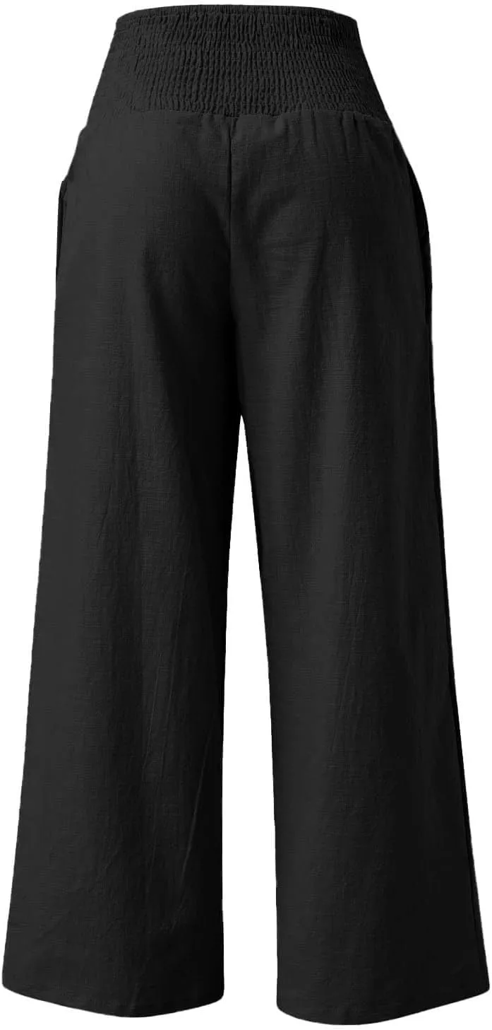 GOFULY Summer Linen Pants Women Wide Leg Cute High Rise Palazzo Pants Elastic Waist 2025 Beach Comfy Solid Clothes Pocket