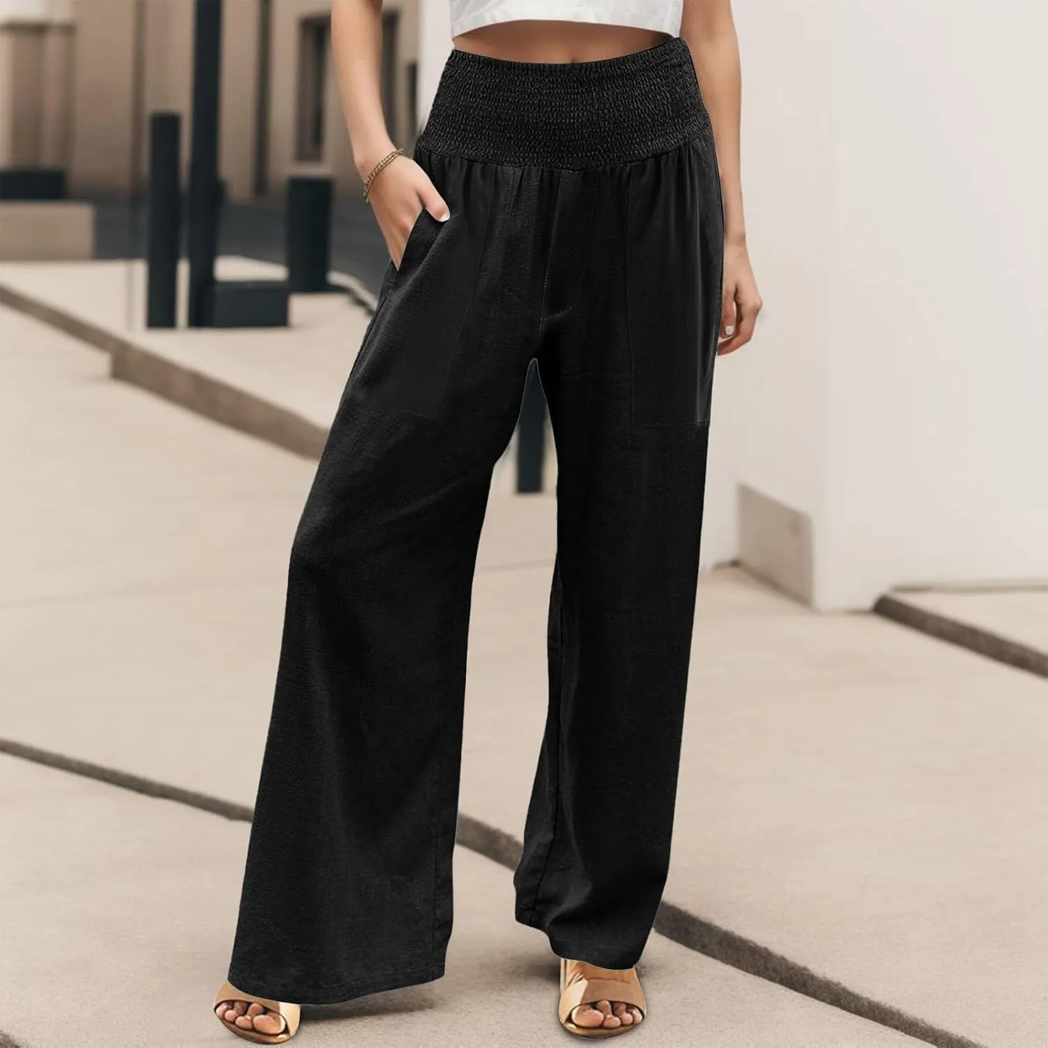 GOFULY Summer Linen Pants Women Wide Leg Cute High Rise Palazzo Pants Elastic Waist 2025 Beach Comfy Solid Clothes Pocket