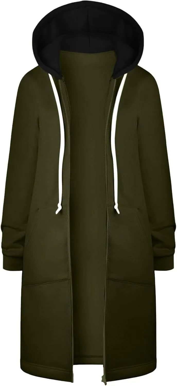 GOFULY Sweatshirt Dress Women Lightweight Zip Up Hoodies Fleece Fall Long Sleeve Drawstring Clothes Solid Jacket With Pockets