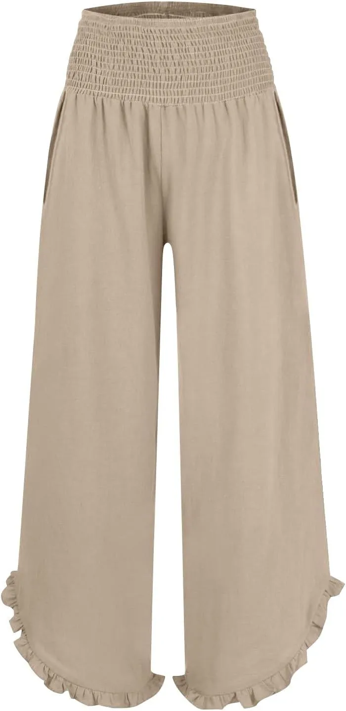 GOKKILRW Women Linen Pants Summer Wide Leg Beach Capris Lightweight High Waist Ruffle Flowy Palazzo Pant Boho Casual Trousers