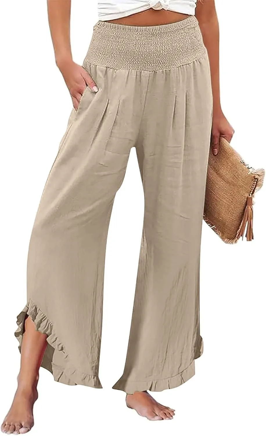 GOKKILRW Women Linen Pants Summer Wide Leg Beach Capris Lightweight High Waist Ruffle Flowy Palazzo Pant Boho Casual Trousers