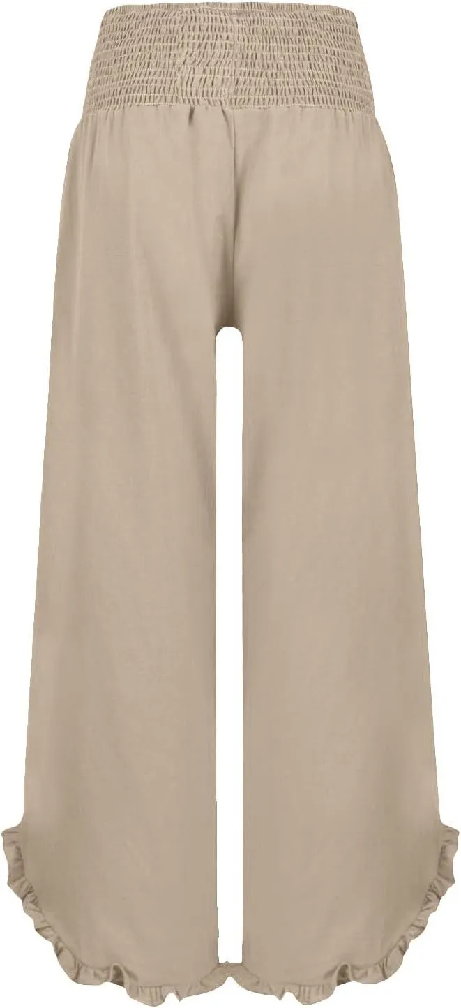GOKKILRW Women Linen Pants Summer Wide Leg Beach Capris Lightweight High Waist Ruffle Flowy Palazzo Pant Boho Casual Trousers