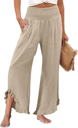 GOKKILRW Women Linen Pants Summer Wide Leg Beach Capris Lightweight High Waist Ruffle Flowy Palazzo Pant Boho Casual Trousers