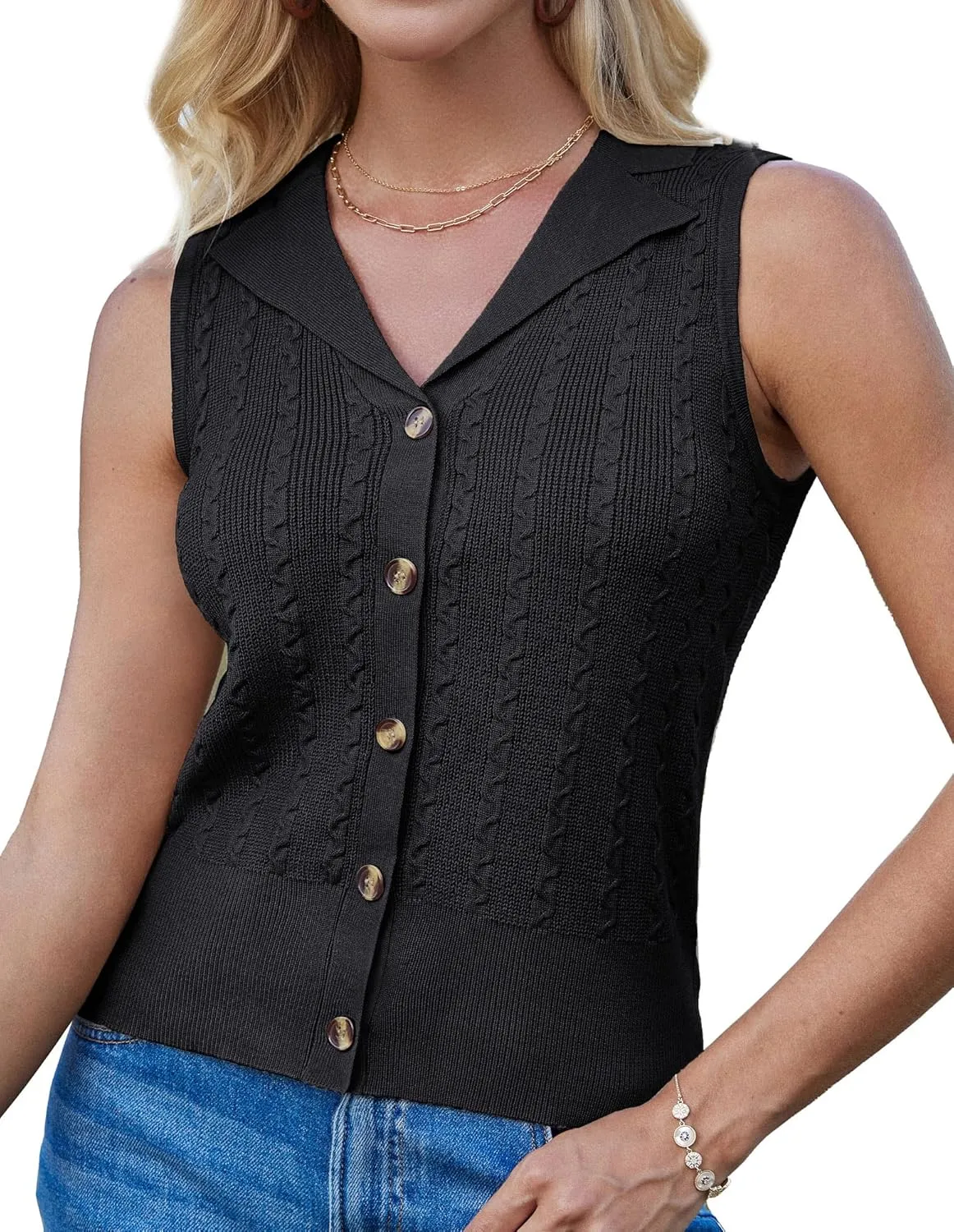 GRACE KARIN Sweater Vest Women Summer Sleeveless Knit Cardigans V Neck Collared Lightweight Button Down Sweaters Tops