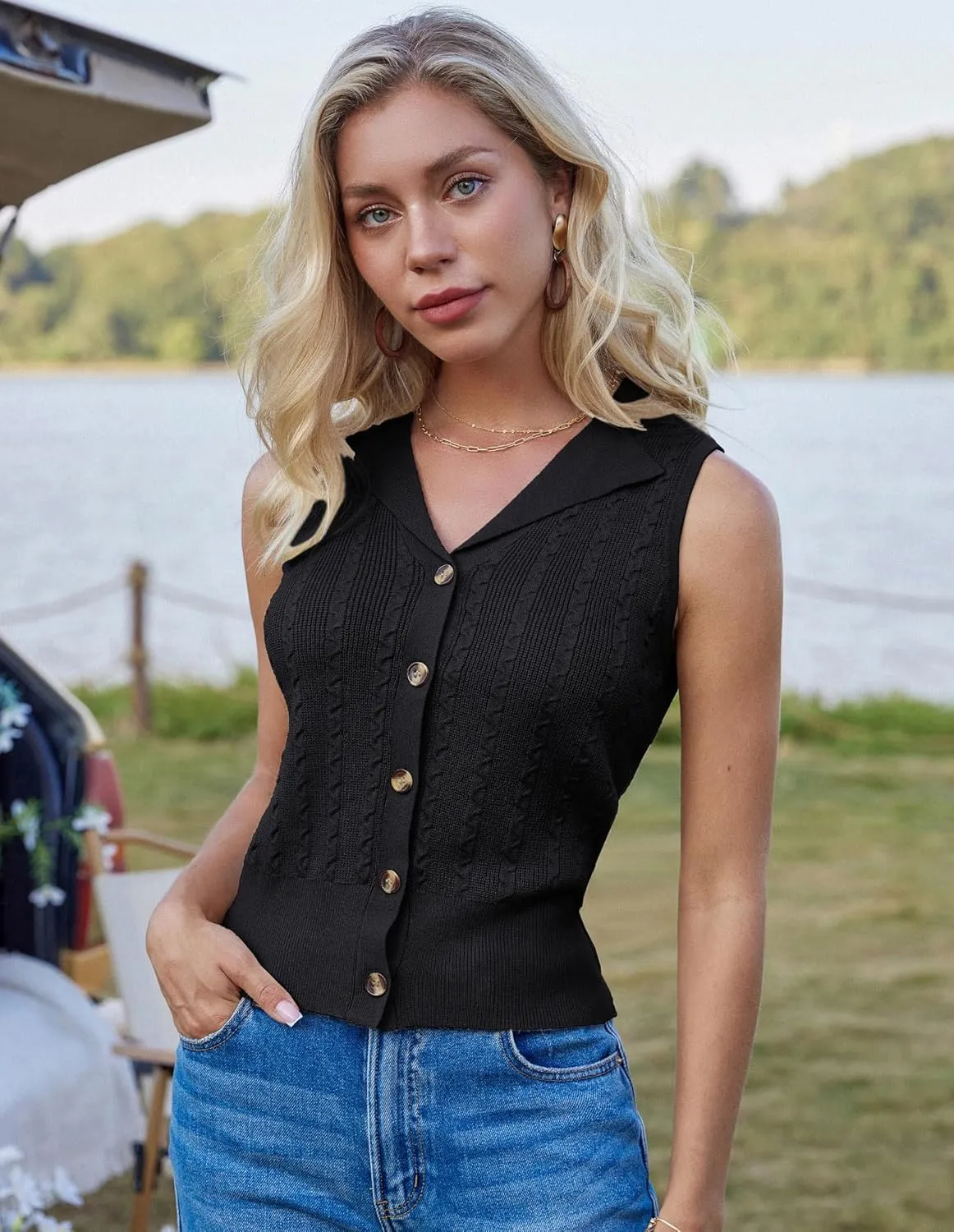 GRACE KARIN Sweater Vest Women Summer Sleeveless Knit Cardigans V Neck Collared Lightweight Button Down Sweaters Tops