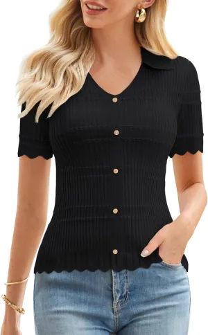 GRACE KARIN Women Short Sleeve Sweater V Neck Knit Polo Sweater Pullover 2025 Summer Ribbed Sweater Top Shirts
