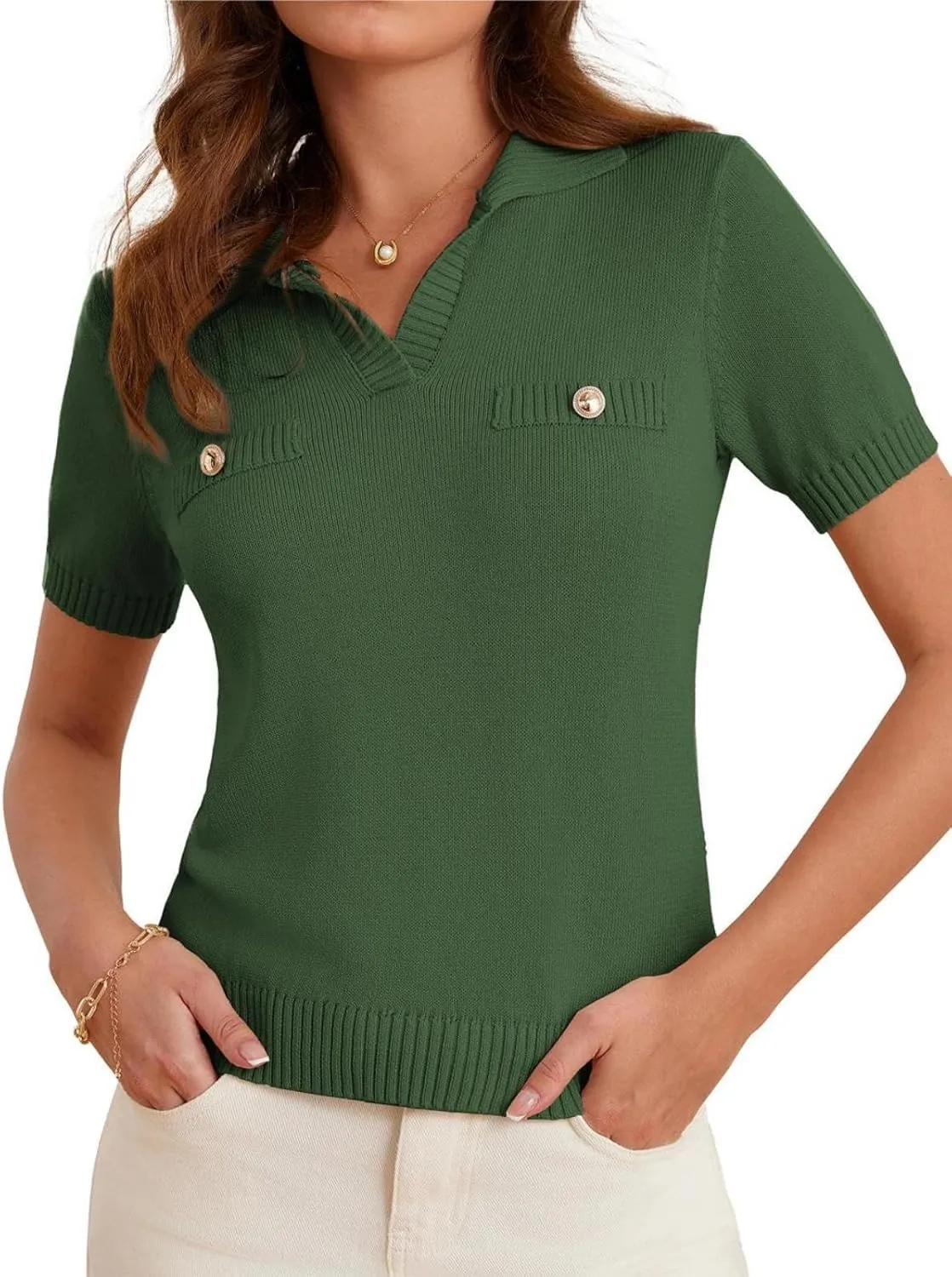 GRACE KARIN Womens 2025 Summer Short Sleeve Sweater V Neck Knitted Sweater Tops Lightweight Polo Sweater Shirt S-2XL