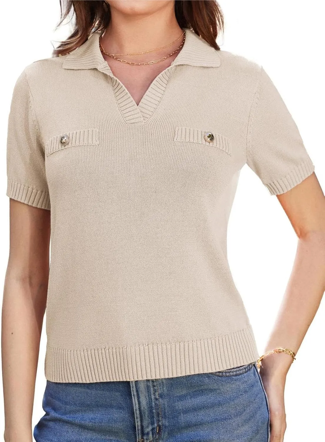 GRACE KARIN Womens 2025 Summer Short Sleeve Sweater V Neck Knitted Sweater Tops Lightweight Polo Sweater Shirt S-2XL
