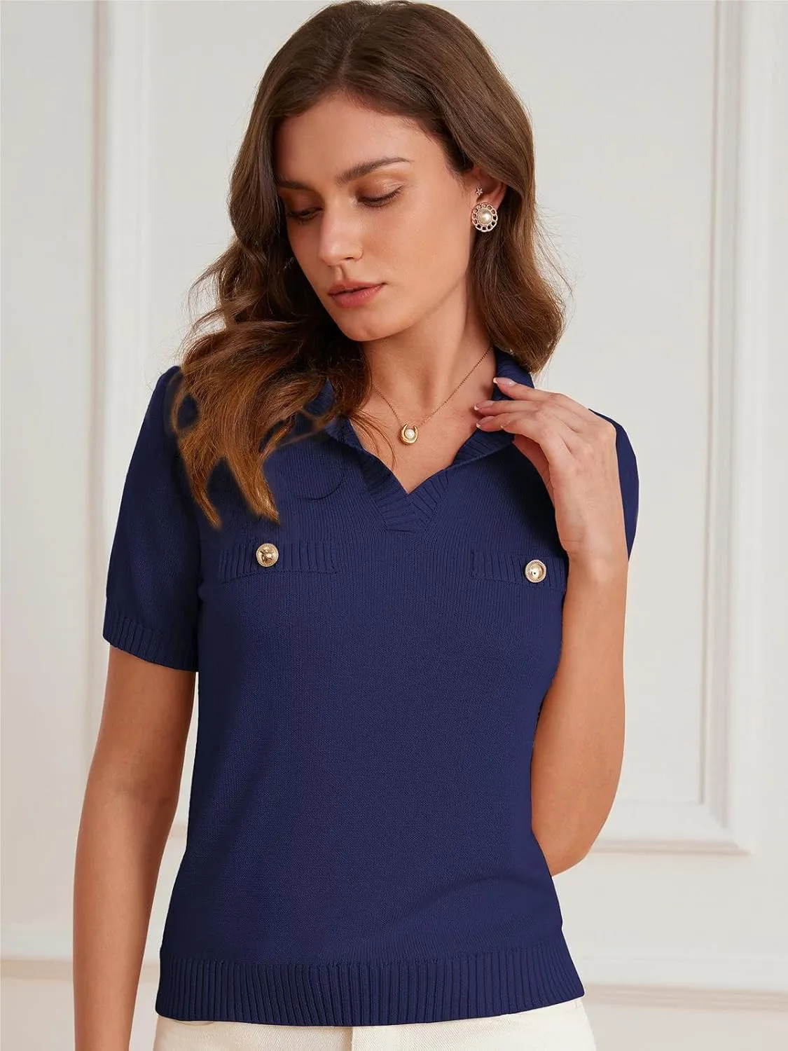 GRACE KARIN Womens 2025 Summer Short Sleeve Sweater V Neck Knitted Sweater Tops Lightweight Polo Sweater Shirt S-2XL