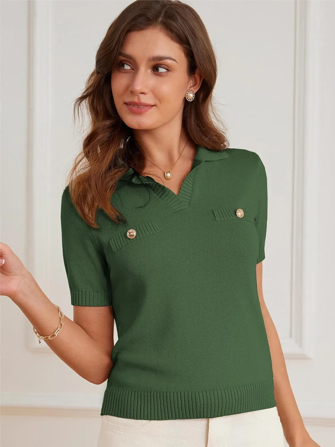 GRACE KARIN Womens 2025 Summer Short Sleeve Sweater V Neck Knitted Sweater Tops Lightweight Polo Sweater Shirt S-2XL