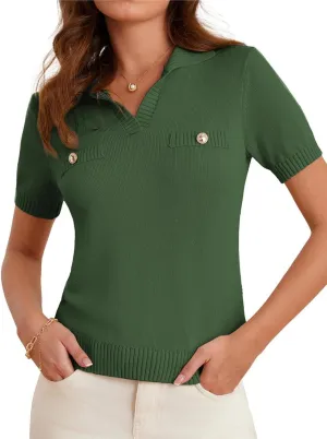GRACE KARIN Womens 2025 Summer Short Sleeve Sweater V Neck Knitted Sweater Tops Lightweight Polo Sweater Shirt S-2XL