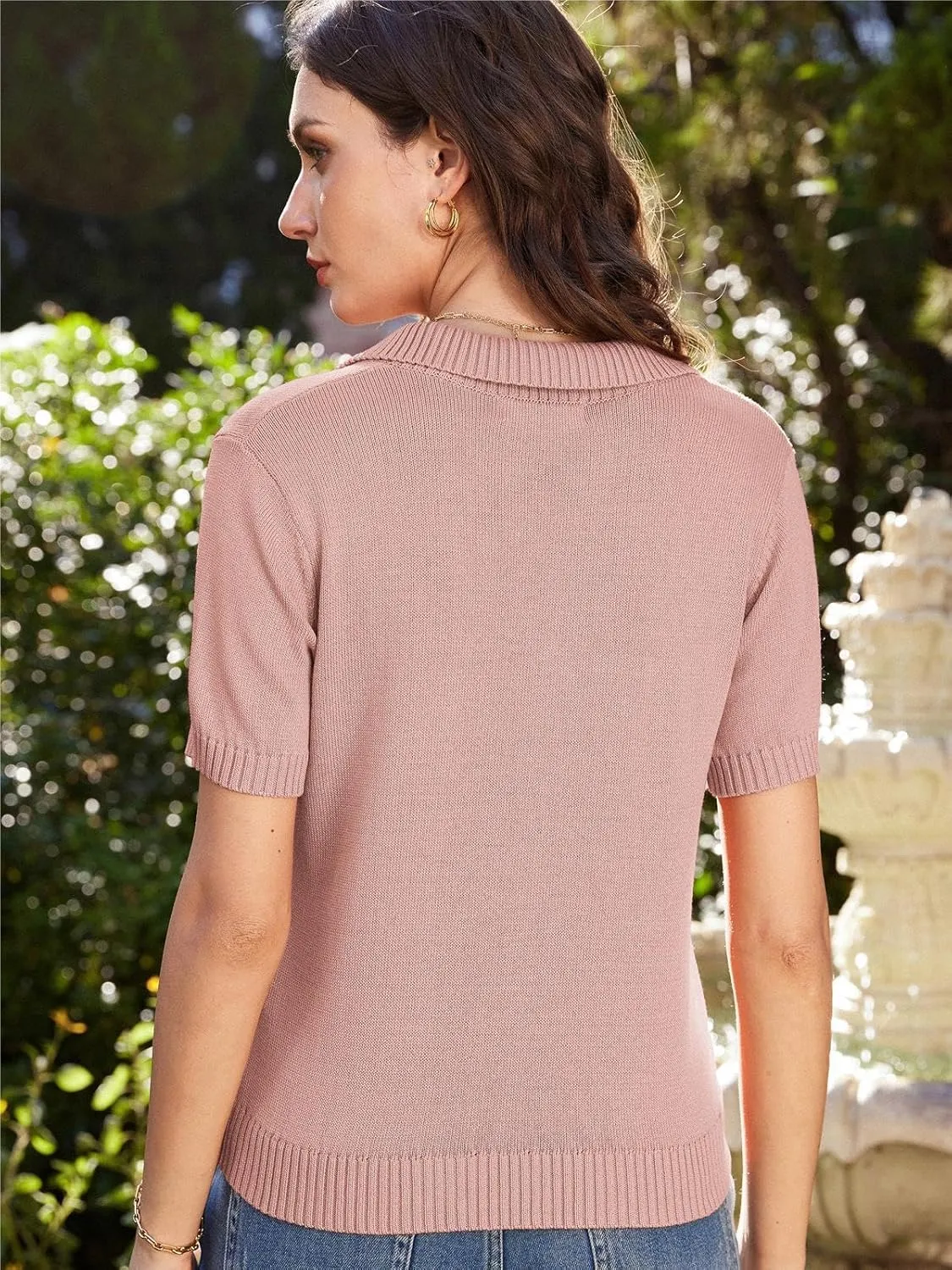 GRACE KARIN Womens 2025 Summer Short Sleeve Sweater V Neck Knitted Sweater Tops Lightweight Polo Sweater Shirt S-2XL