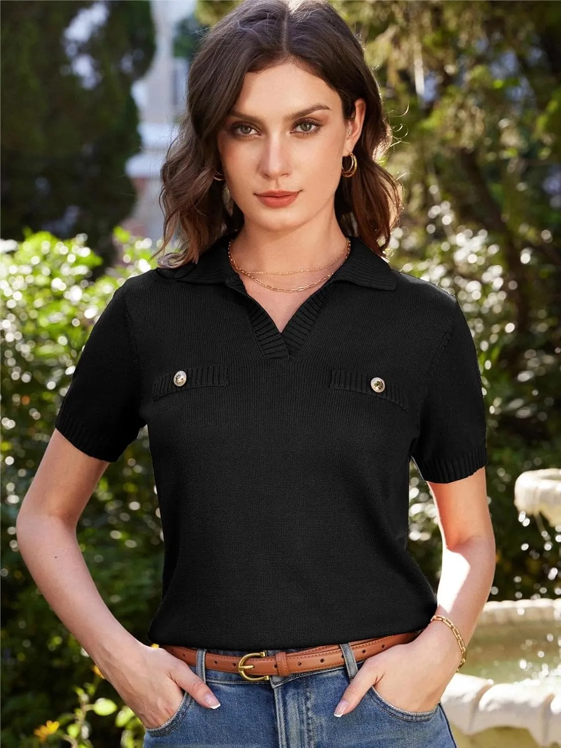 GRACE KARIN Womens 2025 Summer Short Sleeve Sweater V Neck Knitted Sweater Tops Lightweight Polo Sweater Shirt S-2XL