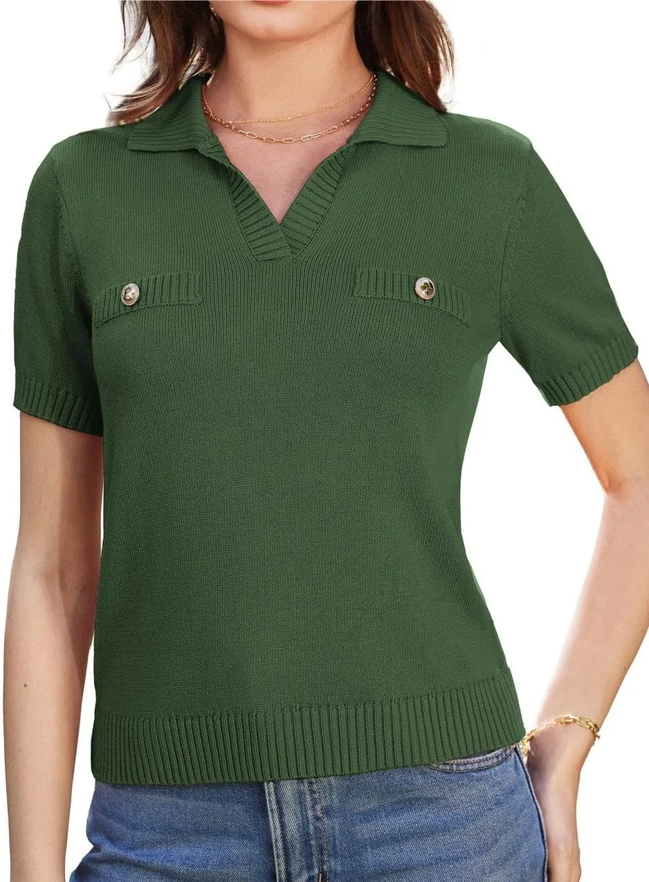 GRACE KARIN Womens 2025 Summer Short Sleeve Sweater V Neck Knitted Sweater Tops Lightweight Polo Sweater Shirt S-2XL