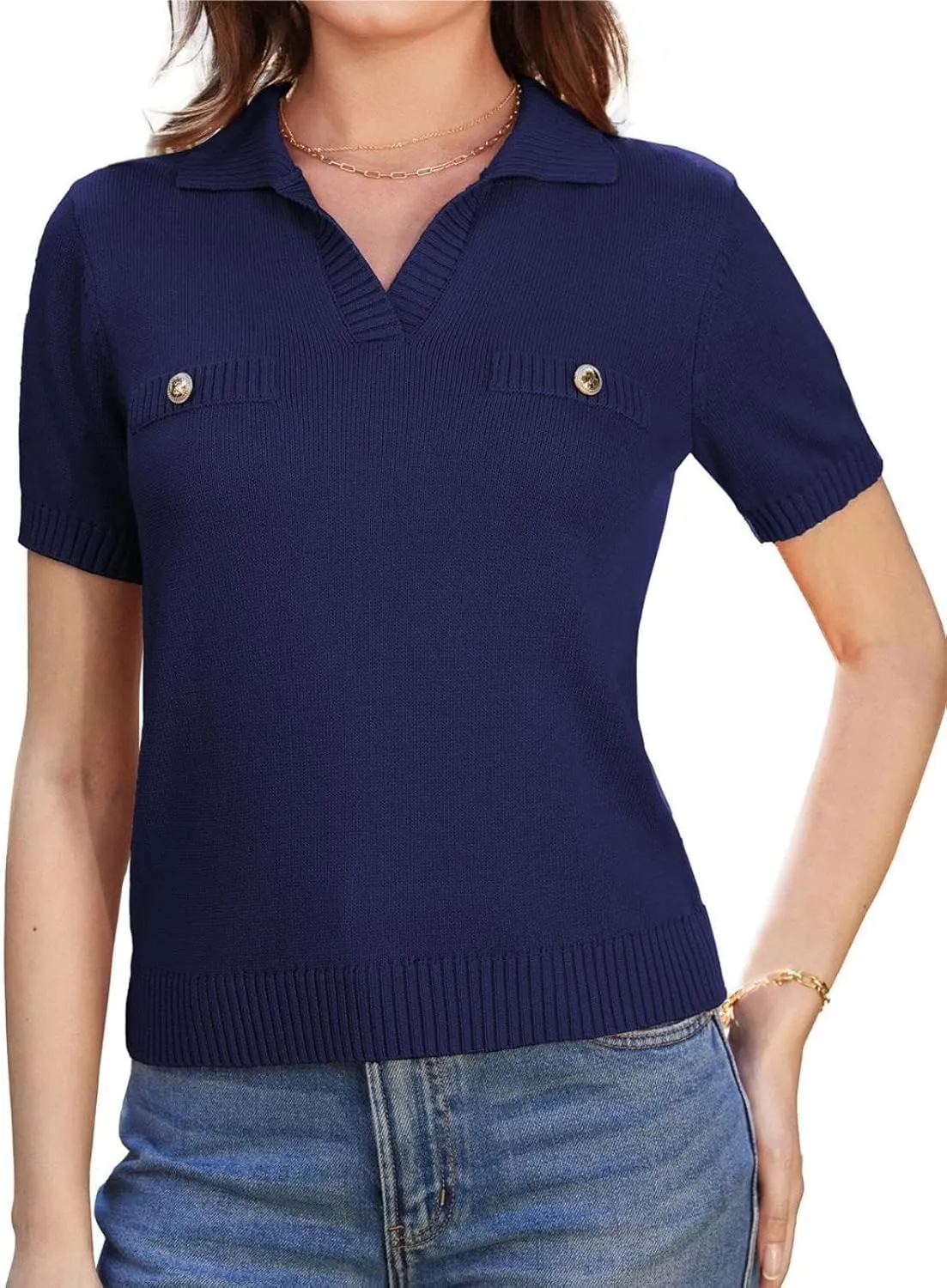 GRACE KARIN Womens 2025 Summer Short Sleeve Sweater V Neck Knitted Sweater Tops Lightweight Polo Sweater Shirt S-2XL