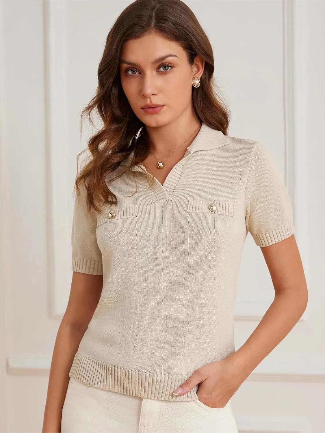 GRACE KARIN Womens 2025 Summer Short Sleeve Sweater V Neck Knitted Sweater Tops Lightweight Polo Sweater Shirt S-2XL