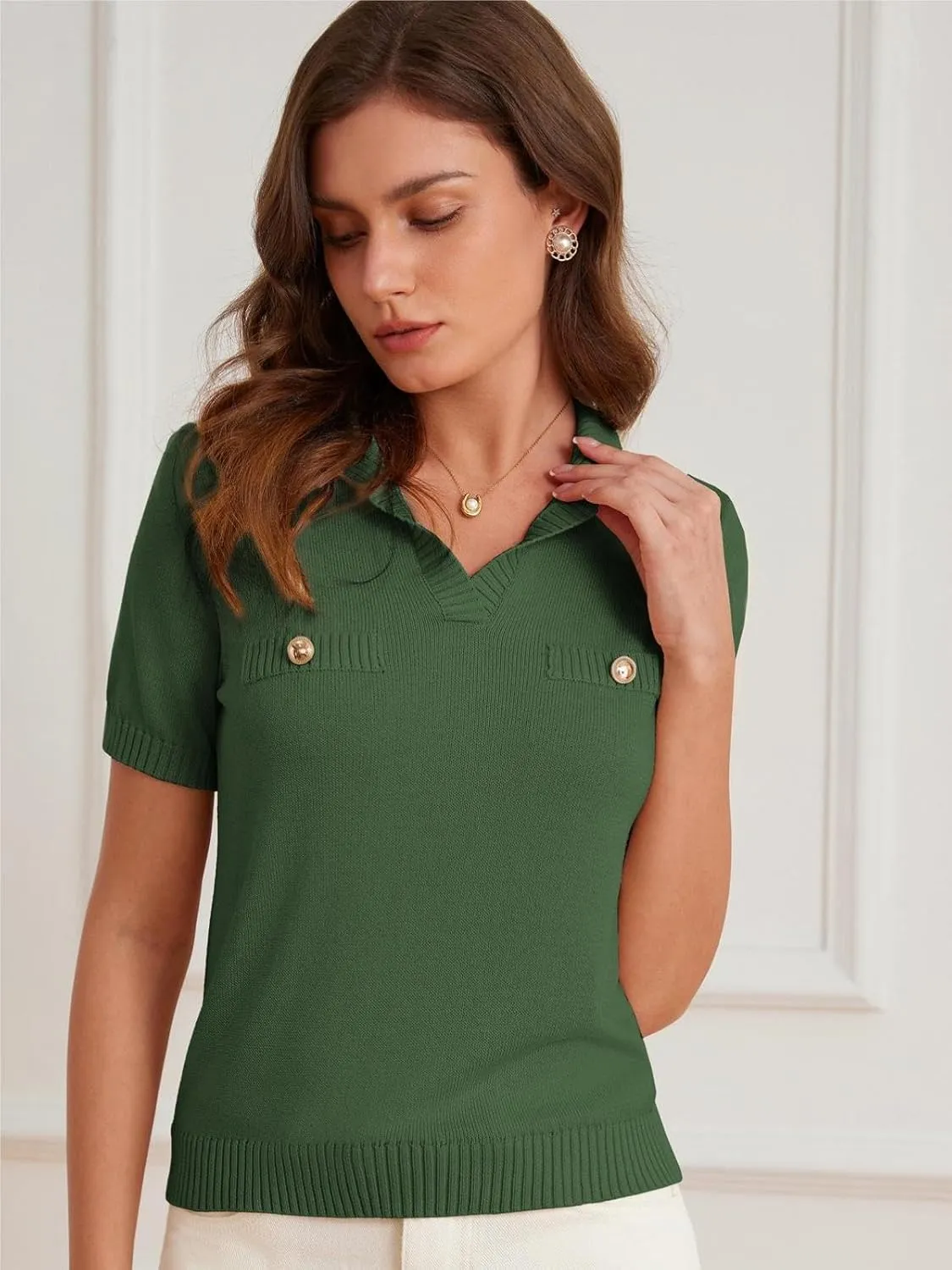 GRACE KARIN Womens 2025 Summer Short Sleeve Sweater V Neck Knitted Sweater Tops Lightweight Polo Sweater Shirt S-2XL