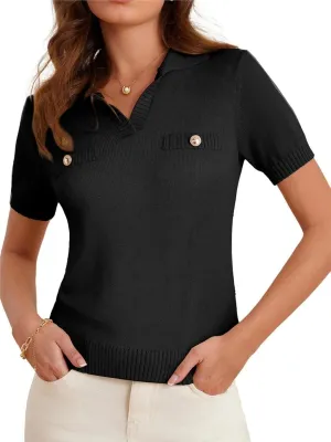 GRACE KARIN Womens 2025 Summer Short Sleeve Sweater V Neck Knitted Sweater Tops Lightweight Polo Sweater Shirt S-2XL