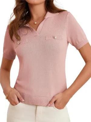 GRACE KARIN Womens 2025 Summer Short Sleeve Sweater V Neck Knitted Sweater Tops Lightweight Polo Sweater Shirt S-2XL