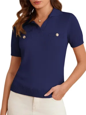 GRACE KARIN Womens 2025 Summer Short Sleeve Sweater V Neck Knitted Sweater Tops Lightweight Polo Sweater Shirt S-2XL