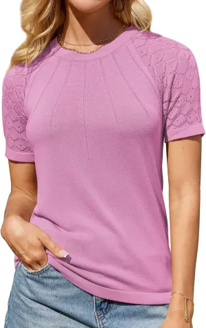 GRACE KARIN Womens Lace Sleeve Sweater Dressy Lightweight Crewneck Sweater Shirts Pleated Business Sweater Top