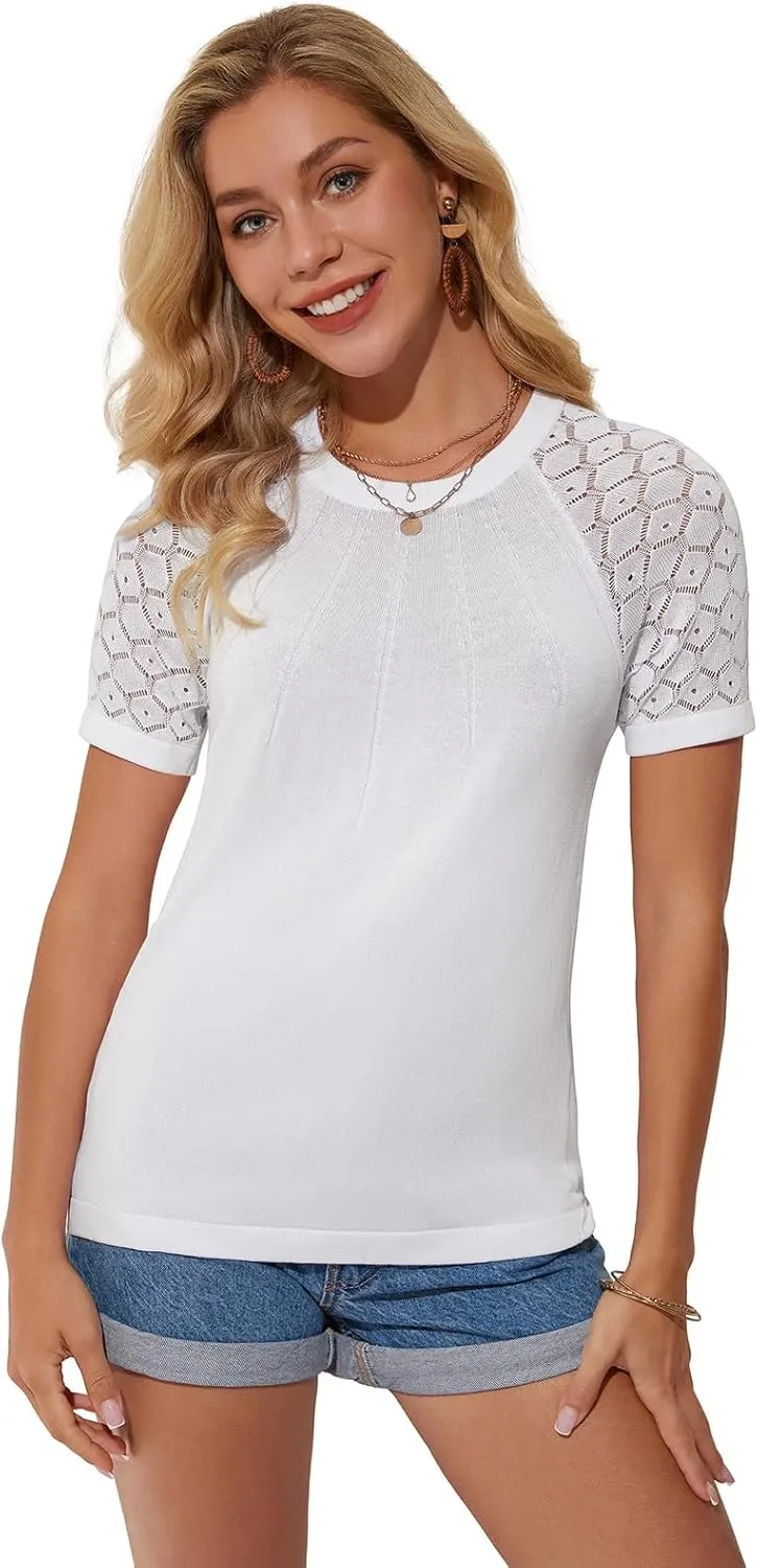 GRACE KARIN Womens Lace Sleeve Sweater Dressy Lightweight Crewneck Sweater Shirts Pleated Business Sweater Top