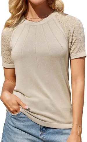 GRACE KARIN Womens Lace Sleeve Sweater Dressy Lightweight Crewneck Sweater Shirts Pleated Business Sweater Top