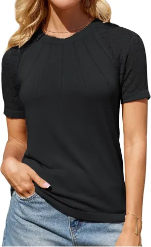 GRACE KARIN Womens Lace Sleeve Sweater Dressy Lightweight Crewneck Sweater Shirts Pleated Business Sweater Top