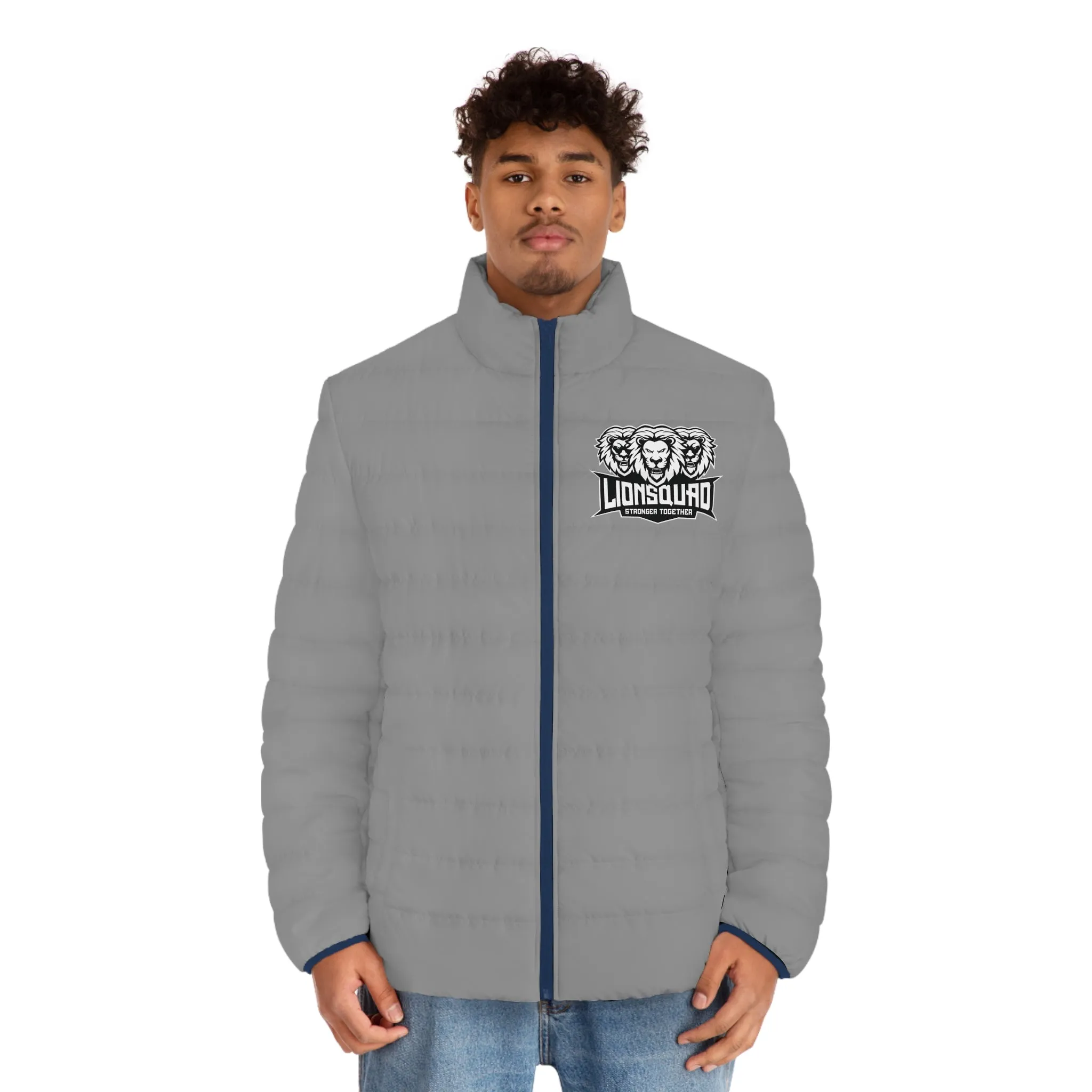 Gray "LIONSQUAD" Men's Puffer Jacket (AOP)